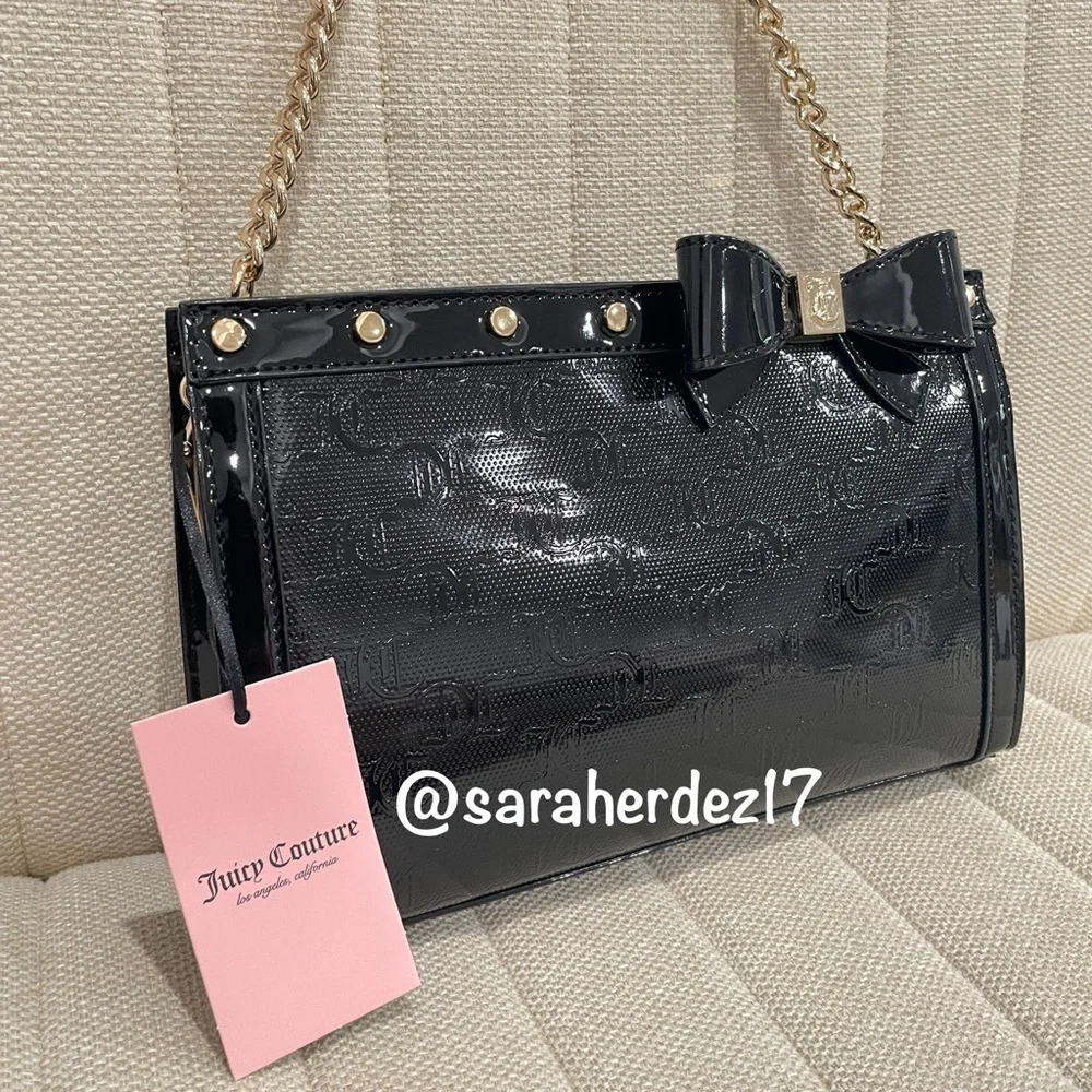 NEW‎ Juicy Couture Black Patent Monogram Bow Crossbody Bag Gold Chain